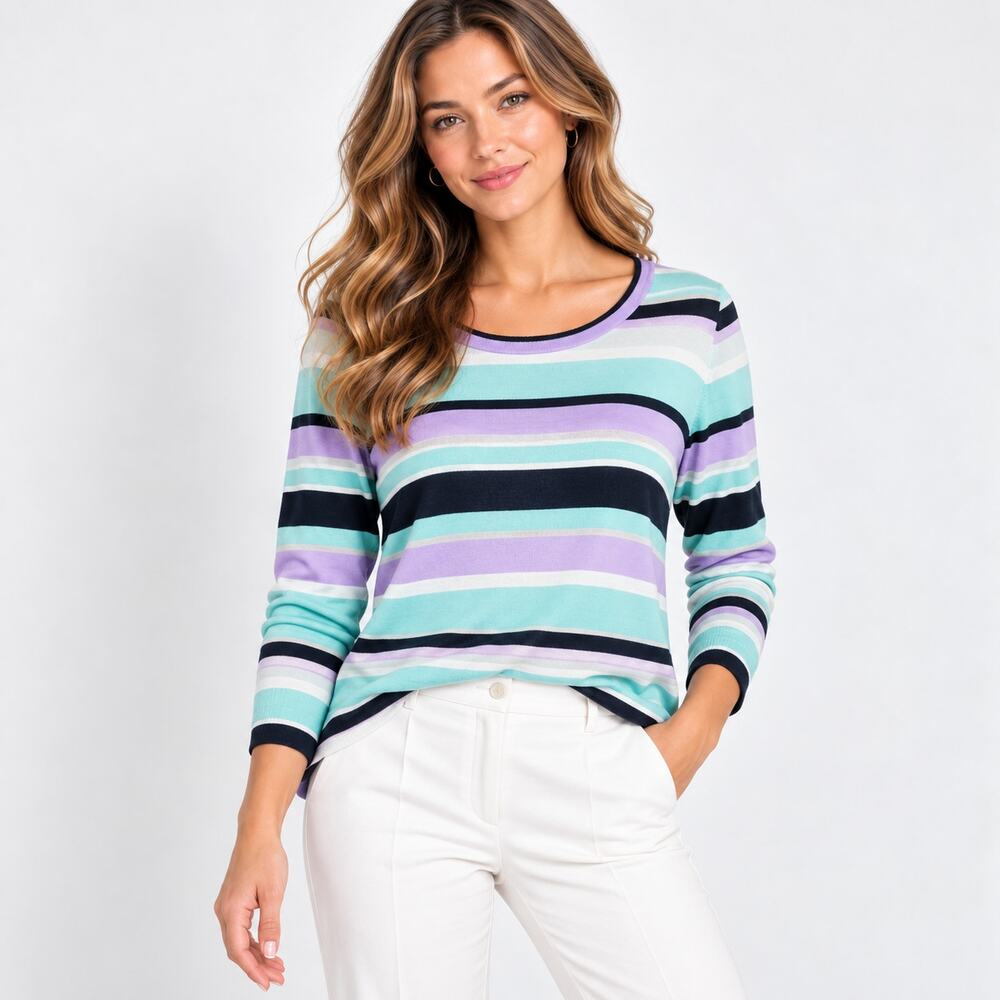 Talbots Sweater Women's Size 3XP Striped Aqua Purple Crewneck Lightweight Soft
